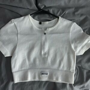 Oh Polly White Ribbed Zip Crop Top